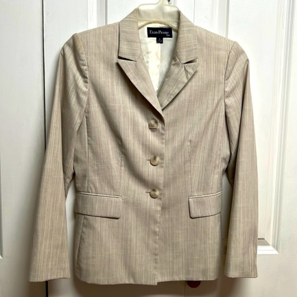 Vintage Evan Picone Tan White Pinstripe Pocket Lined Cotton Blend Blazer Size 6